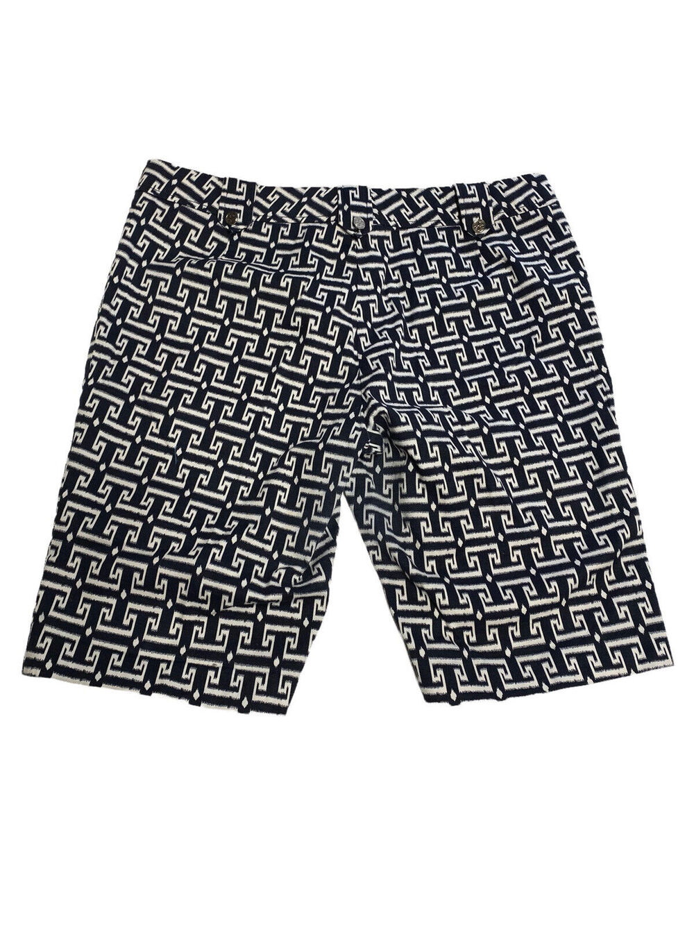 Tory Burch T-Monogram Geometric Bermuda Shorts Navy White Sz 14